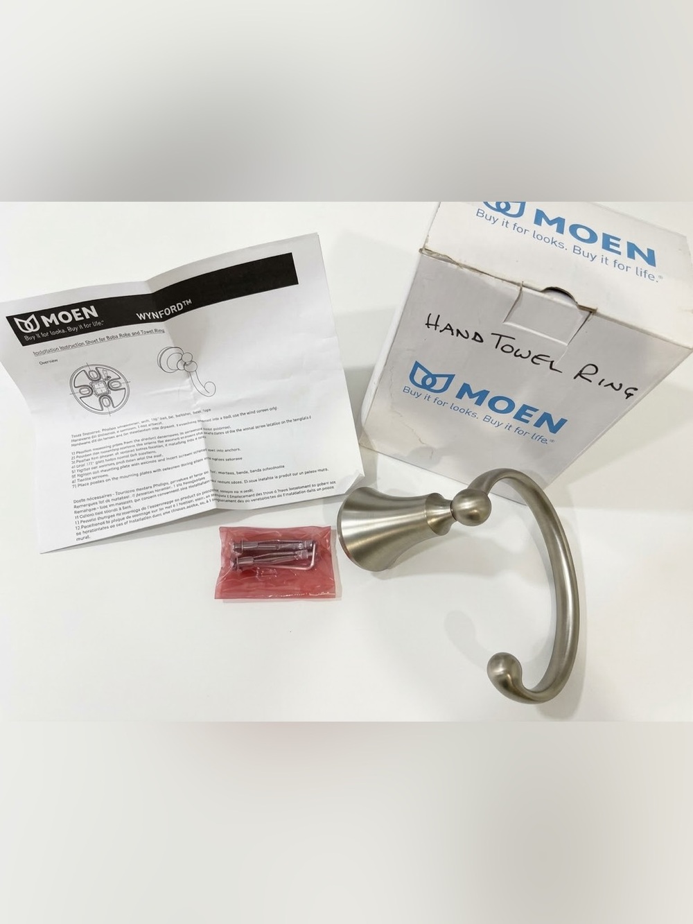 Moen Wynford Hand Towel Ring Brushed Nickel YB5286BN New Open Box Complete